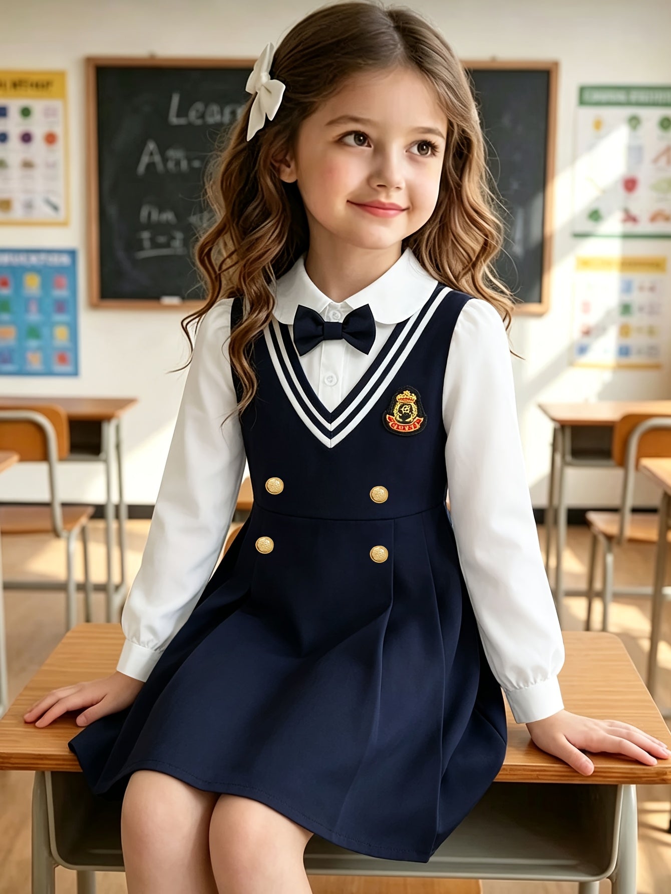 Girls Preppy Knee-Length Dress with Collar and Bow Accents