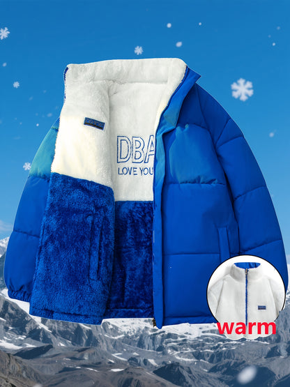 Men's Dual-Sided Insulated Jacket with Full-Zip Closure & Stand Collar - Reversible Winter Coat with Warm Filling, Machine Washable, White & Black Outer Layers, Casual & Formal Outerwear for Skiing, Snowboarding, Everyday Use