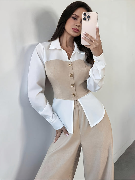 Elegant Women's White Two-Piece Autumn Suit with Patchwork Shirt