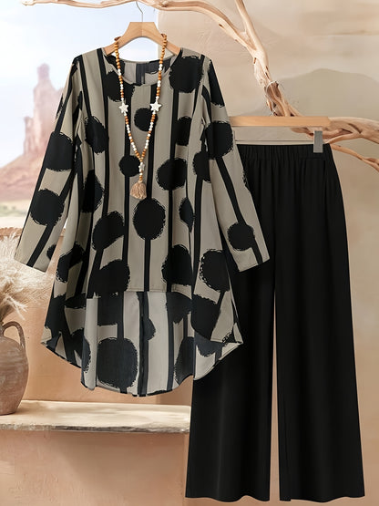 Women's Two-Piece Set with Geometric Pattern Round Neck Long Sleeve, Loose Hem Front Short Back Top and Pants, Casual Style, Summer/Autumn Wear, Mid-Length Tops, Solid Color Trousers, Long Sleeve Outfit