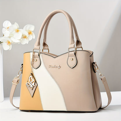 Wo 's Casual Geometric Two-Tone Large Capacity   Handbag with Adjustable   Strap, Detachable Wristlet & Zipper Closure - in Khaki/White/Pink/Red/Green/Black, Travel Accessory, Stylish Accessory, Durable Construction, Spacious