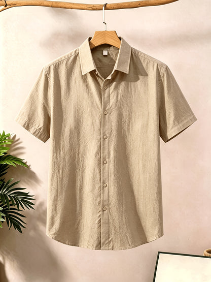 Men's Casual Button-Up Shirt, Cotton-Linen Blend, Short Sleeve