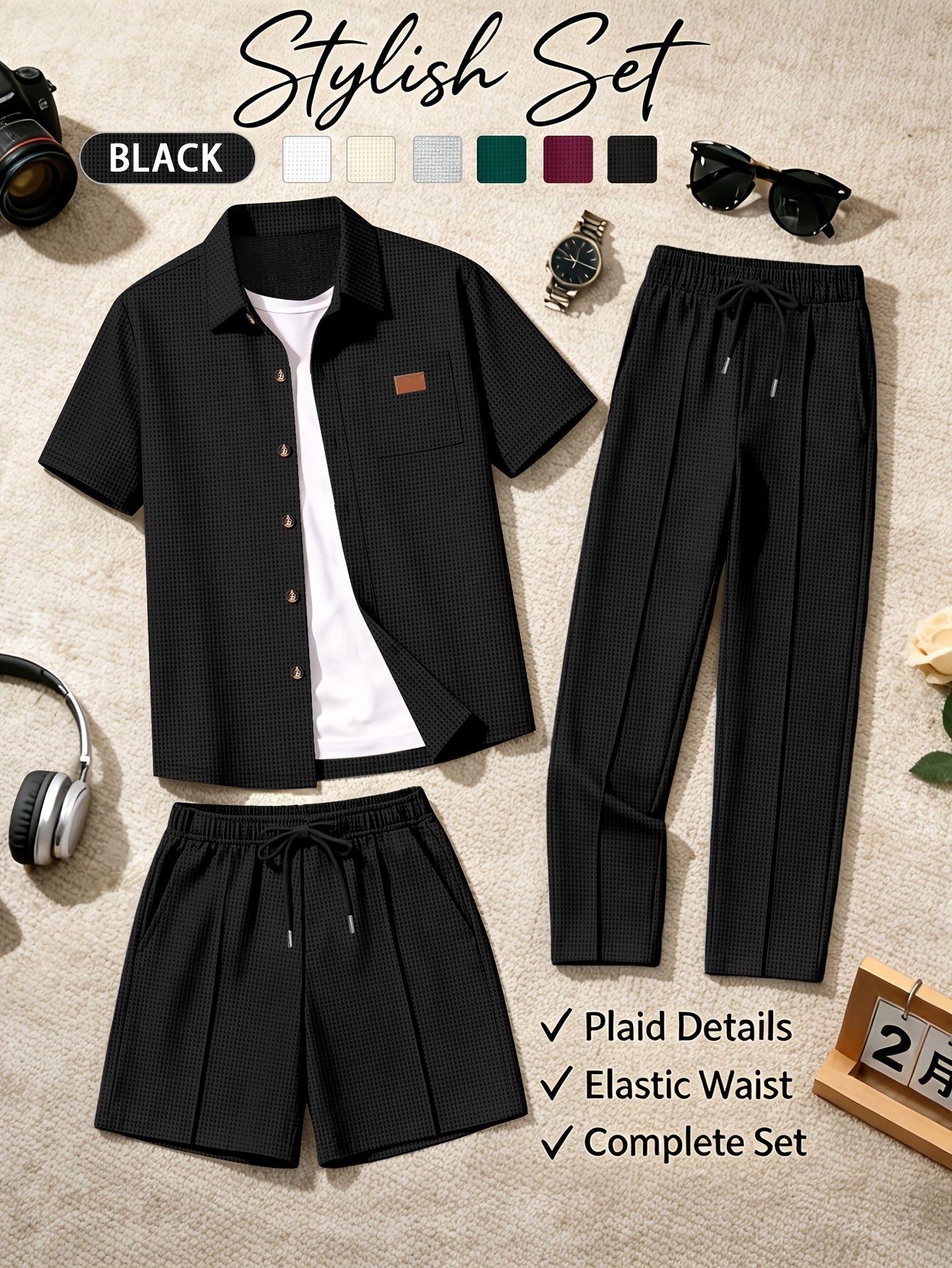 Men's Casual 3-Piece Set: Waffle Knit Shirt, Shorts & Pants