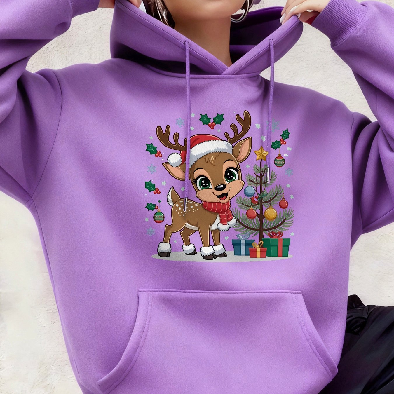Women'S Christmas Hoodie - Thick Fleece-Lined Winter Sweatshirt with Deer & Snowflakes, Plaid Santa Hat Design, Cozy Casual Pullover for Holiday Party Outfits