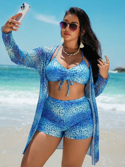 Plus Size Leopard Print Beachwear Set with Adjustable Straps