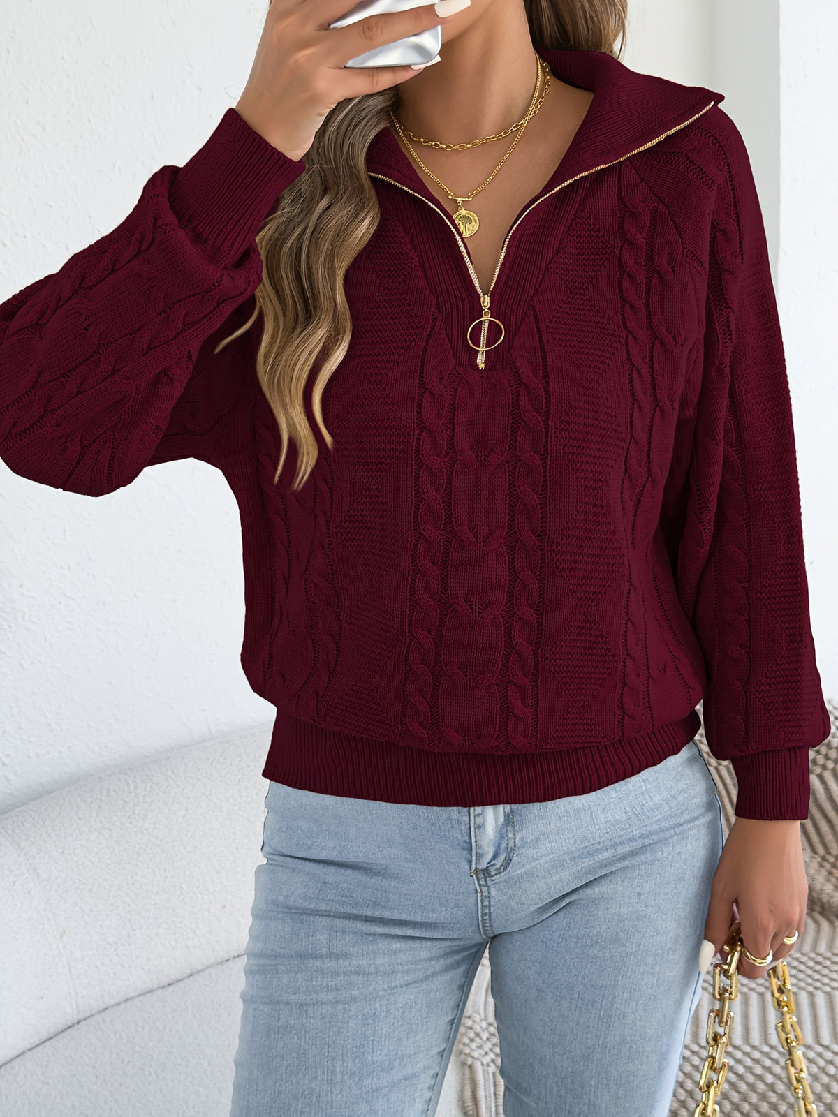 Women's Fall Winter Pullover Sweater with Zipper Lapel