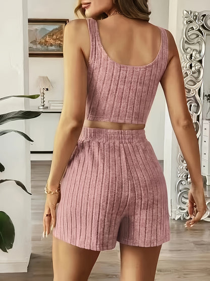 Women's Casual Summer Tank Top and Shorts Set, Polyester Blend