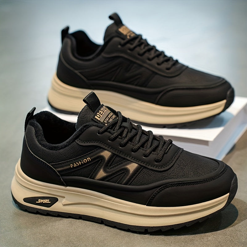 Men's Winter Thermal Low-Top Sneakers with Warm - All-Black Round Toe Lace-Up Shoes Suitable for, Outdoor, Daily Wear - Rubber Sole & Upper