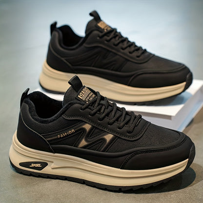 Men's Winter Thermal Low-Top Sneakers with Warm - All-Black Round Toe Lace-Up Shoes Suitable for, Outdoor, Daily Wear - Rubber Sole & Upper