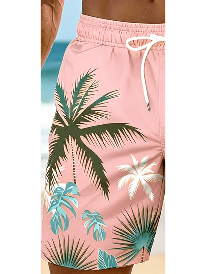 Plus Size Men's Palm Tree Print Beach Shorts, Breathable Polyester