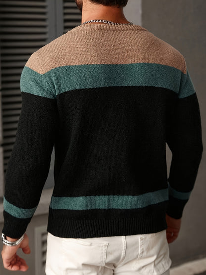 Men's Color-blocked Tweed Knitted Sweater, Round-neck Long-sleeved Knitted Color-blocked Light Gray for Business and Casual Outings