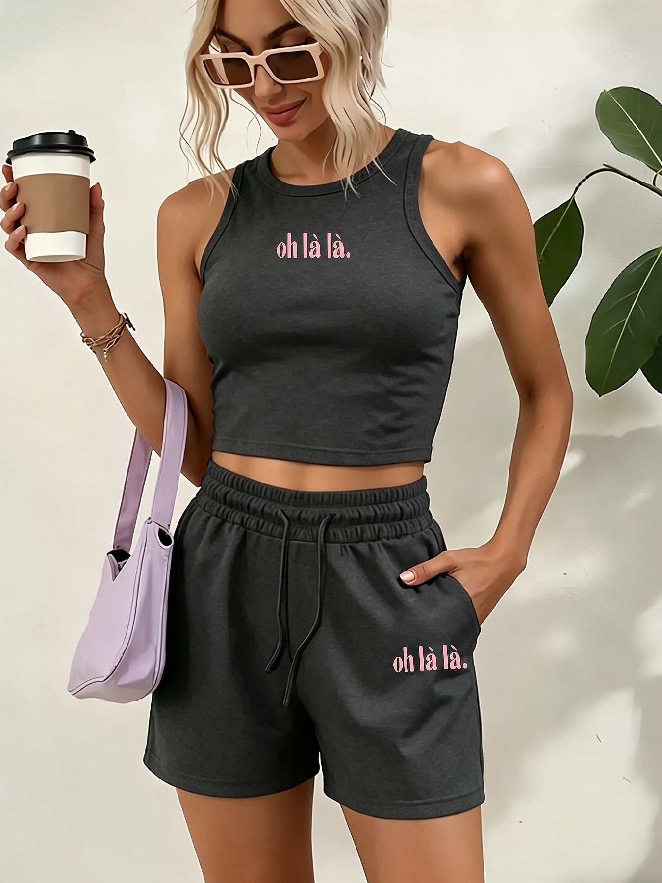 Women's Casual Two-Piece Set with English Print and Wide Leg Pants
