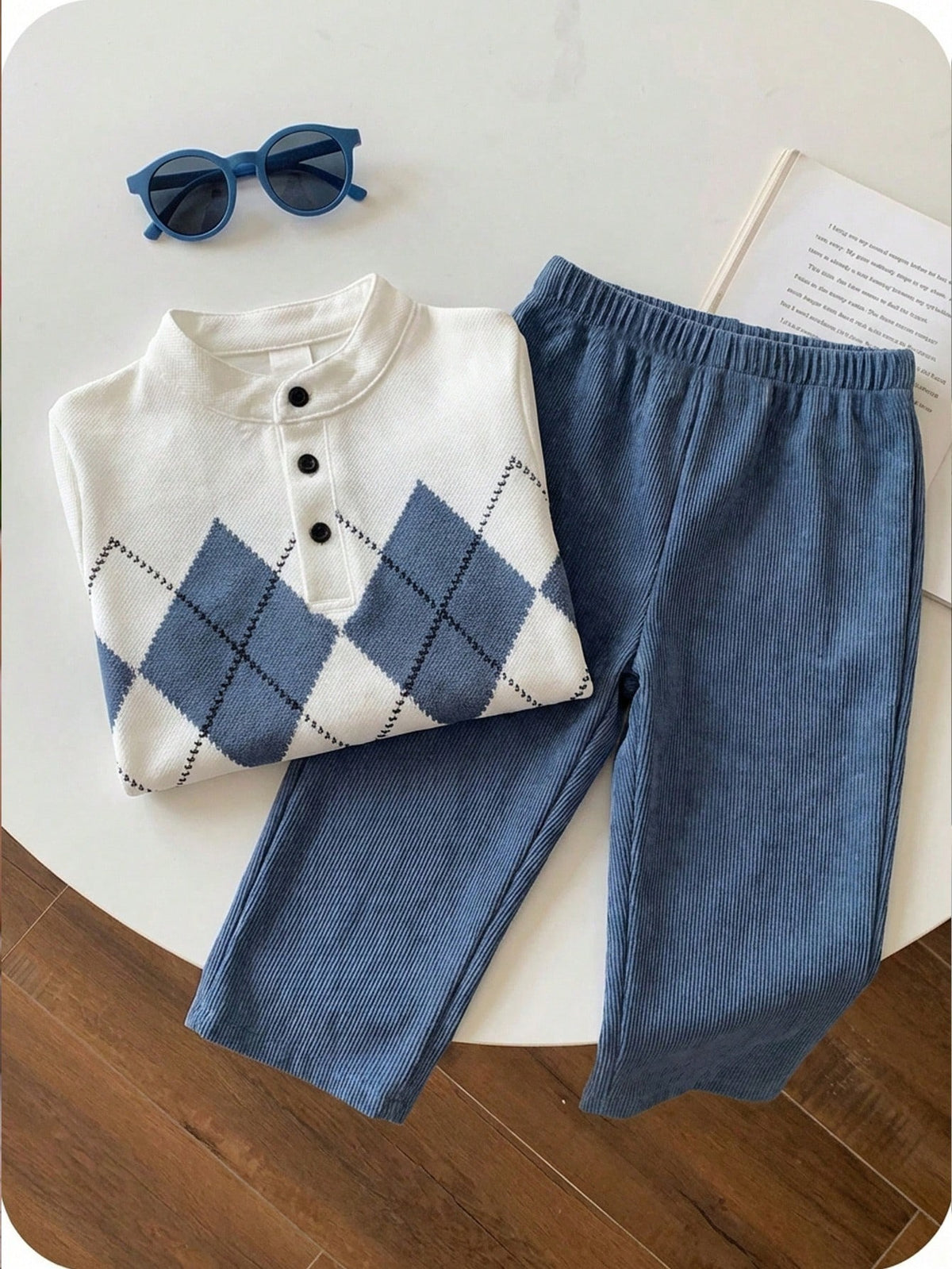 Boys' British Style Rhombus Top & Corduroy Pants Set for Spring - ayq