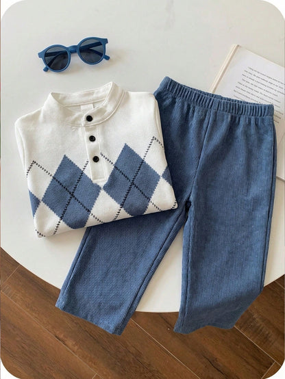 Boys' British Style Rhombus Top & Corduroy Pants Set for Spring - ayq