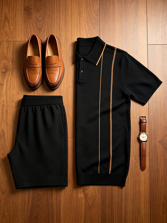 Men's Contrast Knit Polo & Loose Waist Shorts Set, Casual Fit