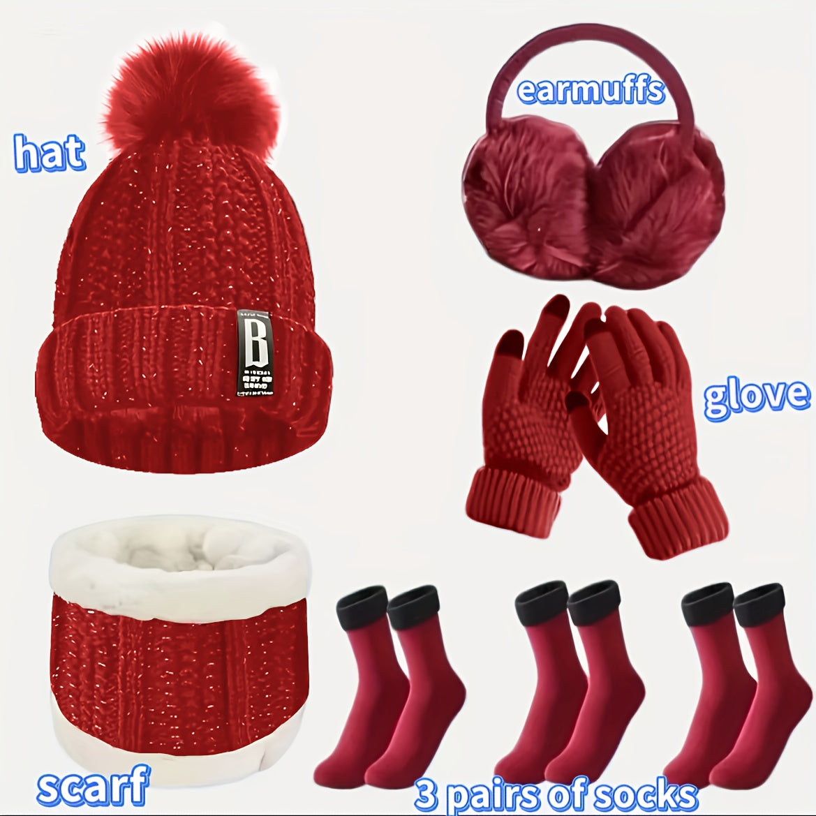 7pcs Winter Thermal Set - Heavy-Duty Cold Weather Outfit with Hat, Gloves, Plush Earmuffs, Thermal Socks - Full Set for Skiing, Snowboarding, Ice Skating, Winter Hiking - Burgundy/Black/White Color Options - Ideal Christmas G