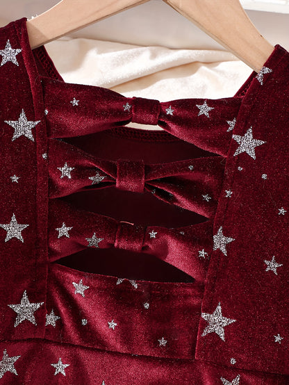 Girls' Long Sleeve Party dress - Elegant Burgundy Formal & Everyday Winter Outfit with Back Bow, Soft Velvet-like Fabric for Birthday, Christmas, School - Girls' Clothing Gift for Fall/Winter Seasons, Festive Occasions, Styli