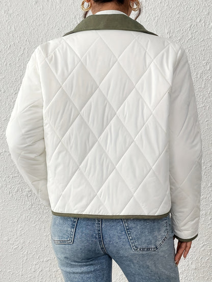 Women's Fashion Elegant Two-Tone Fabric Short Jacket, Color-Block Lapel Collar, Long Sleeve, Suitable for All Occasions, Autumn and Winter