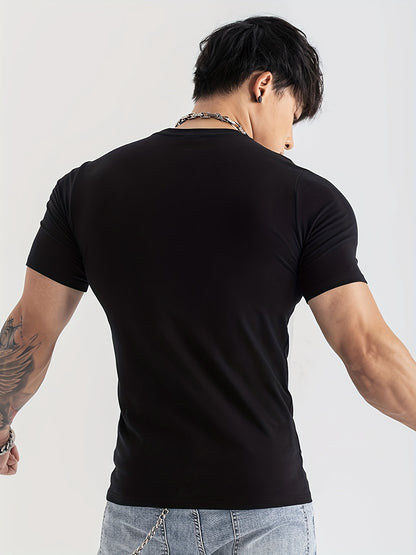 Men's Summer Athletic T-Shirt - Moisture-Wicking Stretch Fabric Slim Fit Round Neck Short Sleeve Tee for Gym, Running, Training - Solid Color Black, Gym Apparel   Machine Washable Top, Gym Shirts
