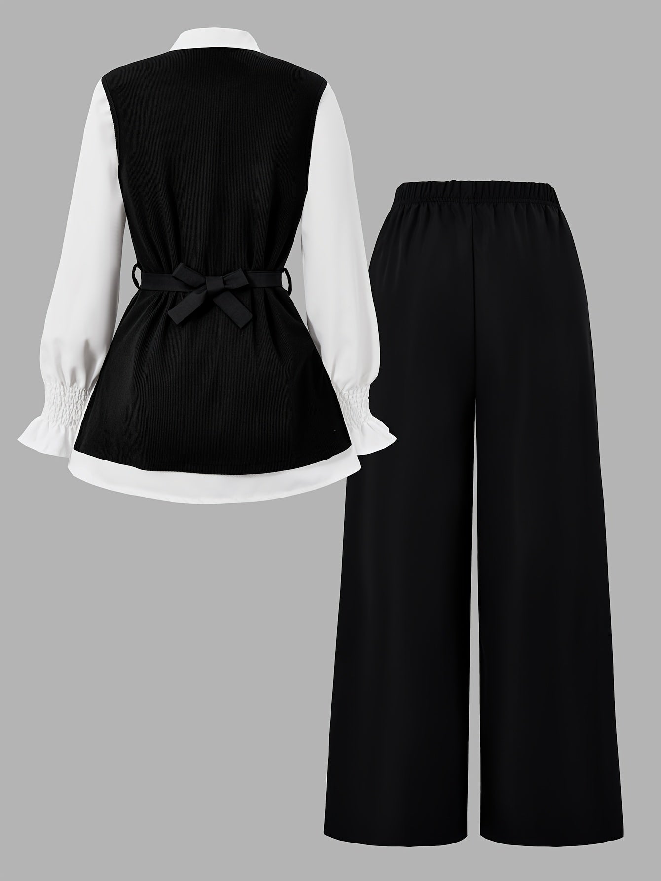 Teen Girls' Casual Spring Outfit Set: Puff Sleeve Shirt, Vest & Wide-L