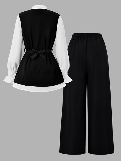 Teen Girls' Casual Spring Outfit Set: Puff Sleeve Shirt, Vest & Wide-L