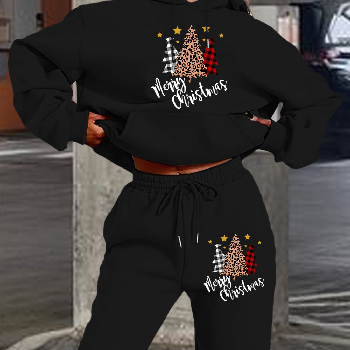 Women'S 2024 New Year Sweatshirt and Pants Set, Hooded Long Sleeve Casual Outfit with Pockets, Polyester Knit Fabric, Geometric Pattern, for Autumn/Winter Season