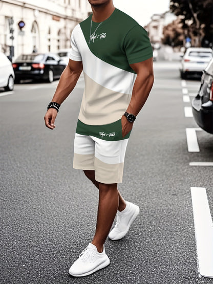 Summer New Round Neck Short Sleeve T-Shirt Set, 3-Color Patchwork Pattern, Front Chest Fashion Letter, Casual Style, Simple Matching Outfit Suitable for Date Night
