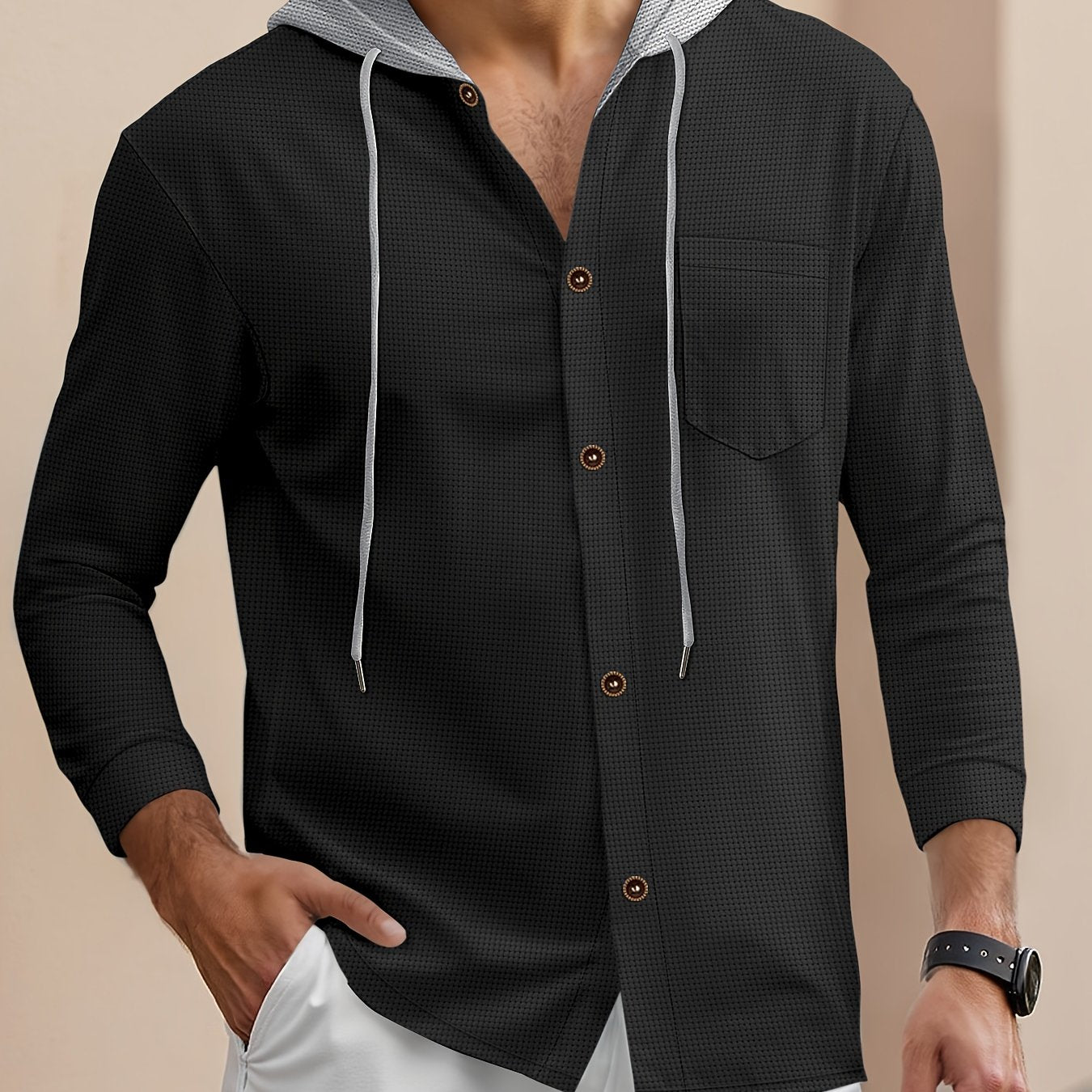 Men'S Lightweight Hooded Cardigan - Long Sleeve Sweater Jacket, Button-Front Closure, Light Grey Casual Outerwear for Office, Casual Attire - Breathable Fall/Spring Layering Essential, Sweater Cardigan, Waffle Texture, Durabl