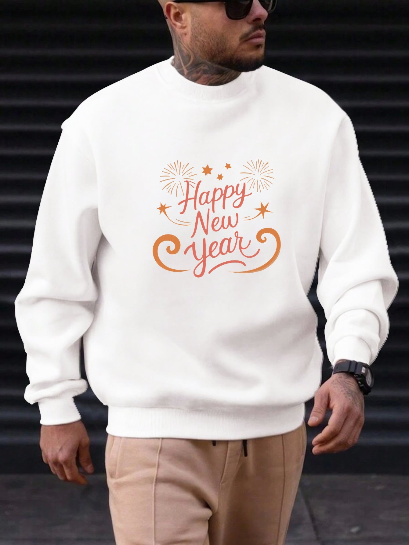 Men'S Happy New Year Sweatshirt - Light Grey with Orange Lettering - Regular Fit Crewneck Pullover for New Year'S Eve, NYE Parties & Casual Attire - Non-Permanent Celebration Sweater for Everyday & Special Occasions, New Year
