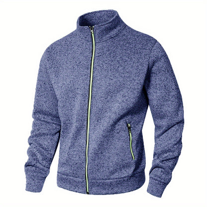 Men's Stand Collar Jacket - Full-Zip Casual Athletic Coat, Light Grey with Lime Accents, Zippered Front Closure for Gym, Office, Everyday - Machine Washable Outerwear, Gym Wear, Sporty Design, Smooth Texture, Lightweight Coat