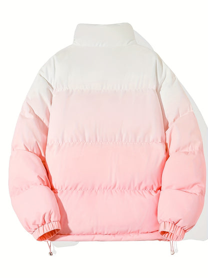 1pc Men'S Street Style Stand Collar Coat, Alphabet Print, Regular Fit, Drawstring Detail, Non-Stretch Woven Polyester, 100% Polyester Filler, Long Sleeve Casual Warm Gradient Jacket for Autumn and Winter