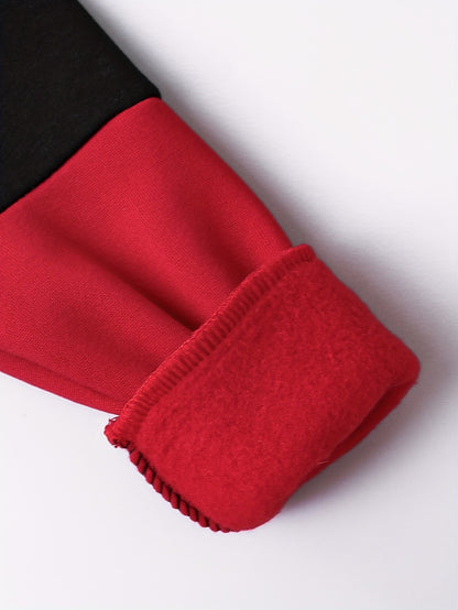 2pcs Boys' Autumn/Winter Fleece-Lined Hooded Zip-Up Jacket and Pants Set with Bird Print, Simple Color Block Design with Pockets, Fashionable Sporty Outfit for Outdoor Activities and Daily Wear, 100% Polyester Knit Stretch Fa