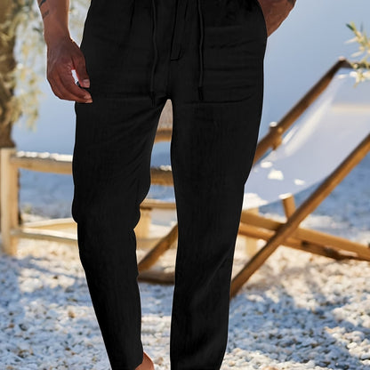 Men'S Casual Linen Drawstring Pants - Comfortable Straight Fit, Lightweight & Breathable for Beach & Outdoor Activities, Beach Casual Wear|Straight Fit Pants|Lightweight Fabric
