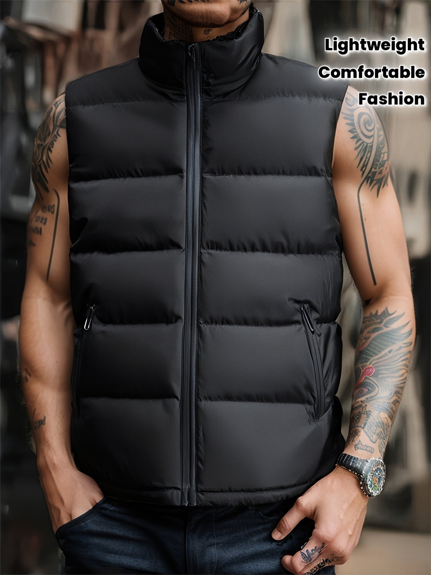 A Stylish New Men'S American-Style Vest, Featuring a Warm And Thick Black Design, Comfortable And Suitable for Winter, Lightweight And Foldable, Perfect for Skiing