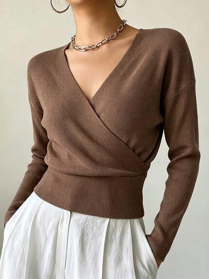 Women's Elegant Cross-Collar V-Neck Pullover Knitwear for Fall/Winter