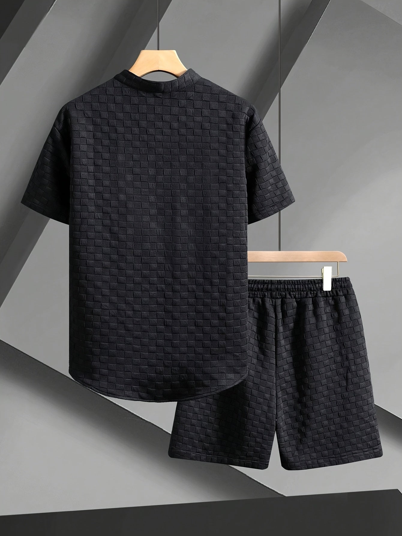Men's Set Shirt Short Sleeve Shorts Thick Solid Color Knit Jacquard Casual Comfort High-Quality Two-Piece Set