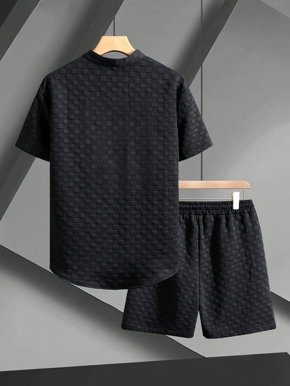 Men's Set Shirt Short Sleeve Shorts Thick Solid Color Knit Jacquard Casual Comfort High-Quality Two-Piece Set