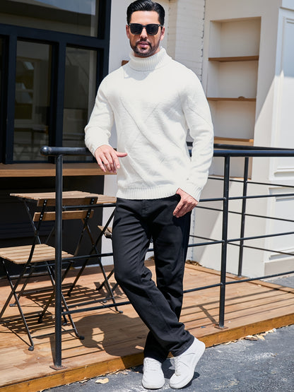 Men's High Neck Solid Color Long Sleeve Textured Geometric Pattern Knit Sweater Regular Fit Pullover