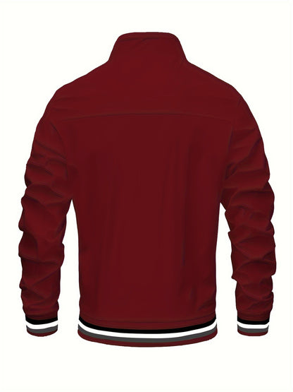 Men's Vintage-Inspired Hip Hop Baseball Jacket - Casual Sports Outerwear with Stand Collar, Zip-Up, Polyester - Perfect for Fall/Winter