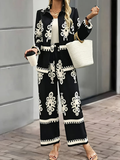 Women'S Stylish Black and White Paisley Print Two-Piece Set - Square Neck, Button-Up Blazer with Matching Pants, Perfect for Spring/Summer, Casual Attire|Paisley Print|Square Neckline, Pants Piece
