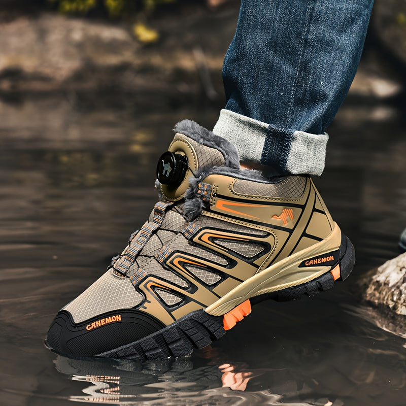 CANEMON Men'S Winter Sports Sneakers - Comfortable, Non-Slip, Durable, Thickened Mid-Top Lace-Up Shoes with Striped & Checkered Patterns, Warm Fabric Upper & TPR Sole for Hiking, Outdoor Activities, and Snowy Terrain, Winter