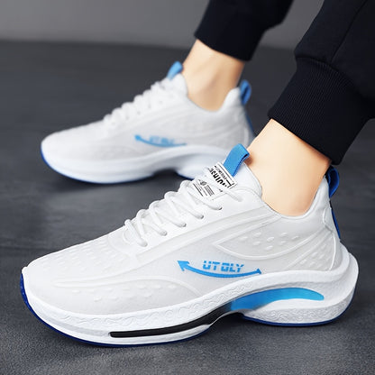 Men'S High-Top Lace-Up Athletic Sneakers - Breathable Fabric, PVC Sole, EVA Insole, Stylish Blue  White Design for Casual and Outdoor Activities, Everyday Sneakers   Sporty Casual Shoes   Durable PVC Sole