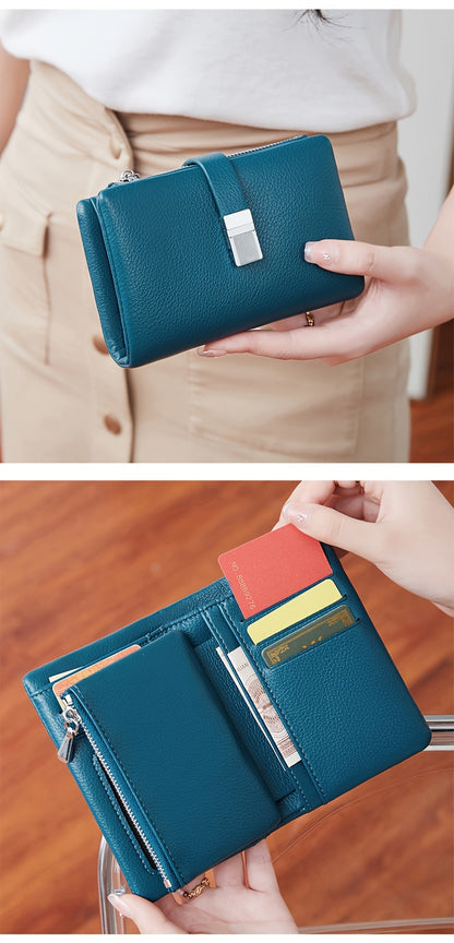 A Compact Trifold Wallet Made of Soft PU in a Solid Color, Featuring Metal Accents. It Includes a Zippered Coin Pocket, Card Slots, And an ID Window, Suitable for Credit Cards, ID Cards, Cash, And Coins. This Modern, Lightwei
