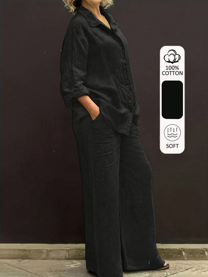 Women’s Casual Cotton Long-Sleeve Top & Wide-Leg Trousers Set