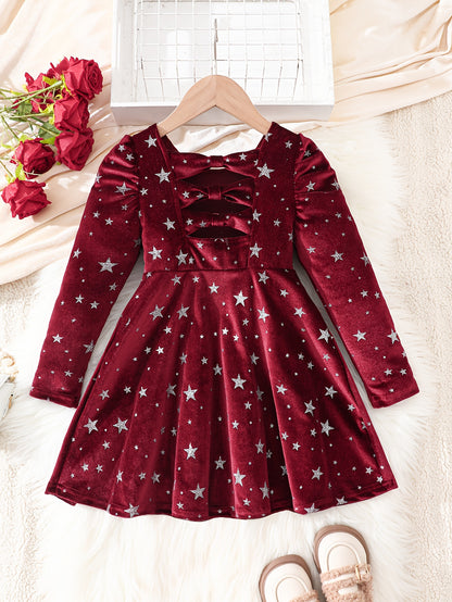 Girls' Long Sleeve Party dress - Elegant Burgundy Formal & Everyday Winter Outfit with Back Bow, Soft Velvet-like Fabric for Birthday, Christmas, School - Girls' Clothing Gift for Fall/Winter Seasons, Festive Occasions, Styli