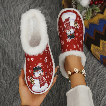 Women's Winter Plush Slip-On Moccasin Slippers with Faux Fur Trim - Red & White Snowflake & Hearts Design, Soft PU Sole & Cozy Lining, Red/White/ Color Options, Casual Winter Shoes for Indoor/ Use, Hand Washable (Ideal for Ch