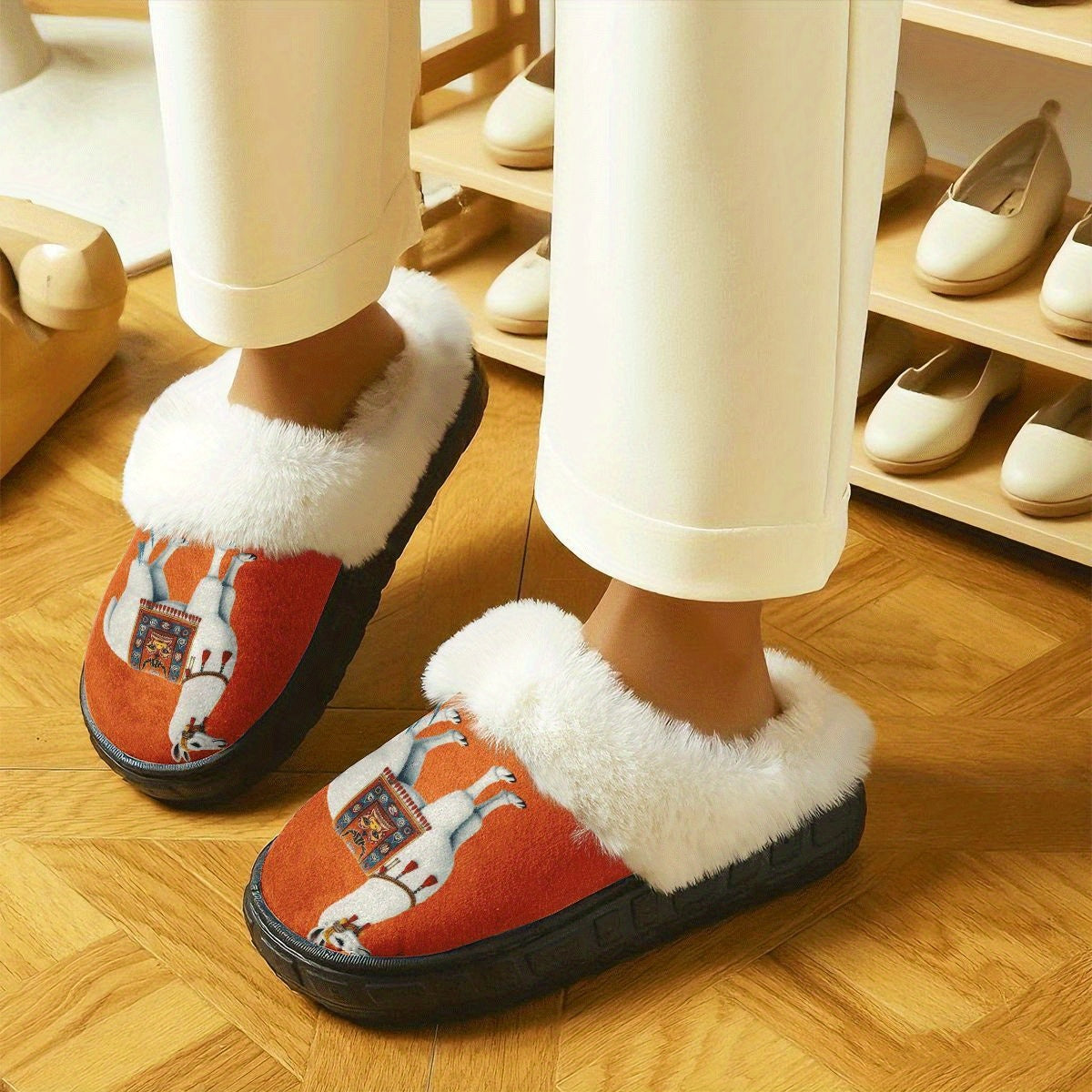 Unisex Winter Print Snow Slippers - Round Toe Warm /Outdoor House with Alp for men & Women, Cozy Sole & Soft Fabric Upper, Ideal Christmas/New Year Gift (Orange Animal Design)
