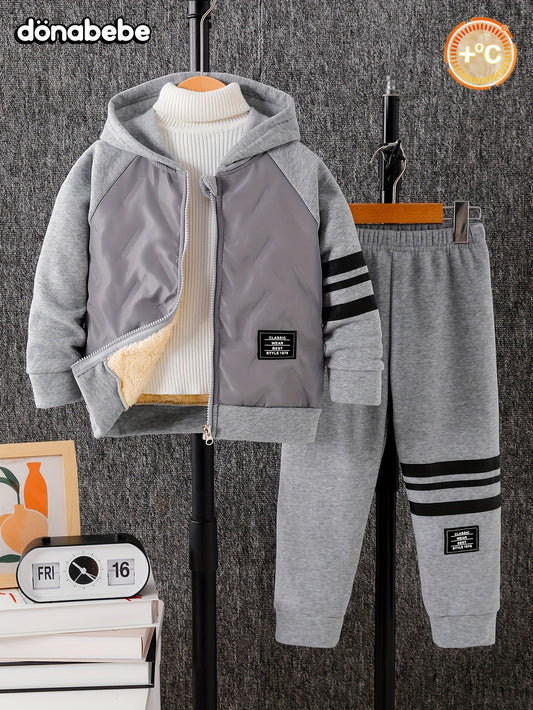 DONABEBE Boys' 2pcs Winter Jacket & Pants Set - Full-Zip Hooded Coat with Striped Sleeves & Matching Pants, Thick Outfit for &, Soft Warm Casual Playwear (Grey/Black) - Hand Washable 2pcs Clothing, Perfect for Outdoor