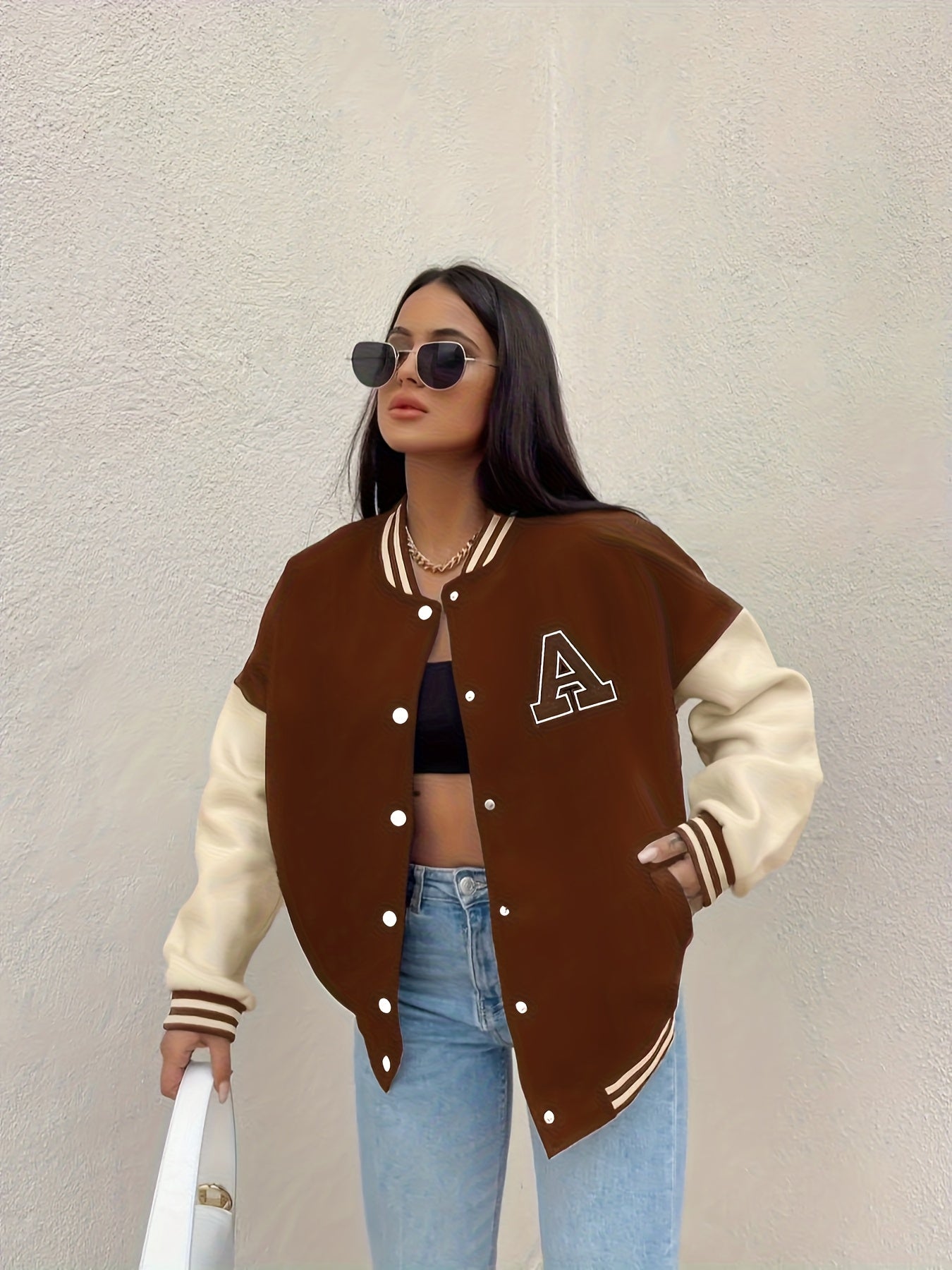 Women'S Casual Long Sleeve Baseball Jacket with "A" Letter Detail - Black & Beige Two-Tone Design, Button-Up Front, Flap Pockets, Fall/Winter Fashion Outerwear, Autumn Winter Apparel | Buttonup Jacket | Functional Pockets
