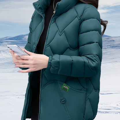 Women's Stylish Winter Coat - Black Herringbone Design, Flared Hem & H-Silhouette, Long Sleeve Non-Stretch Fabric, Hand Wash Only, Japanese-Korean Inspired for Casual & Formal Occasions